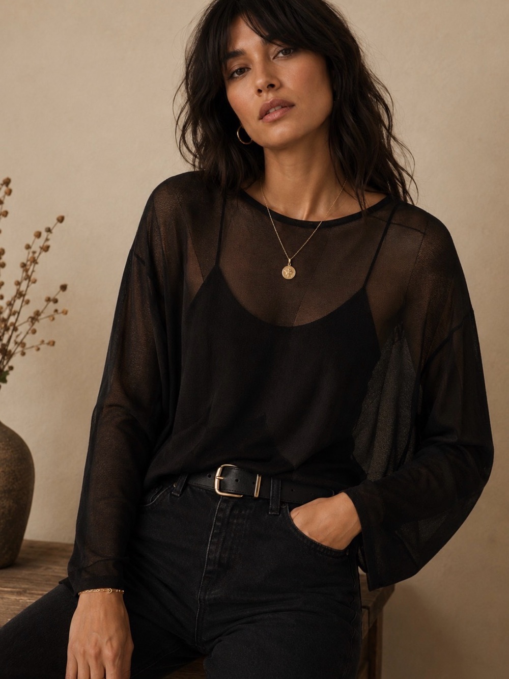 Avalon 100% wool Lightweight Sheer Black Long-Sleeve Top